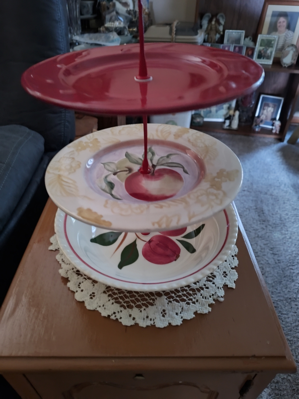 Red Three-Tier Ceramic Serving Stand with Fruit Motif